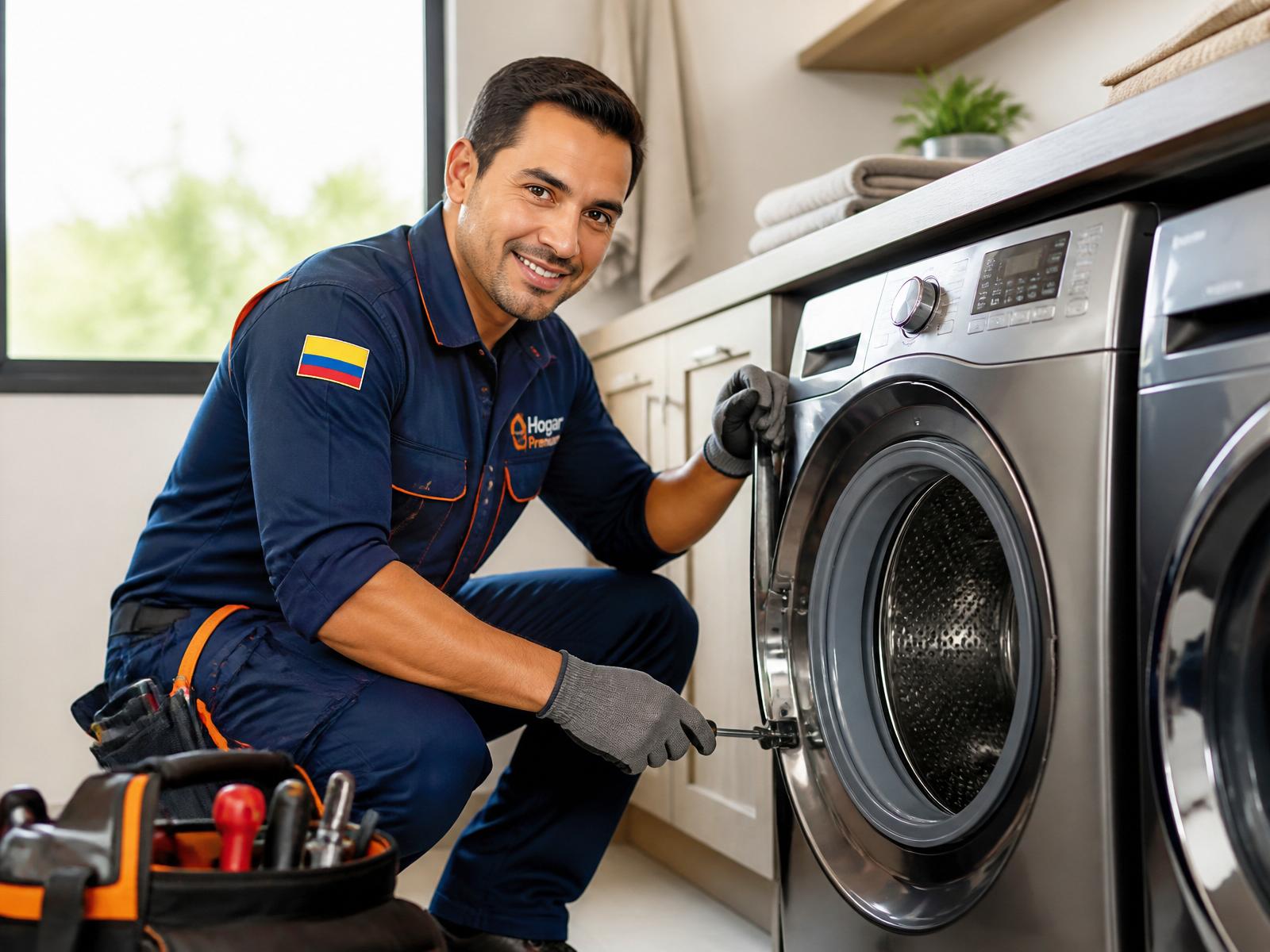Técnico profesional reparando una lavadora